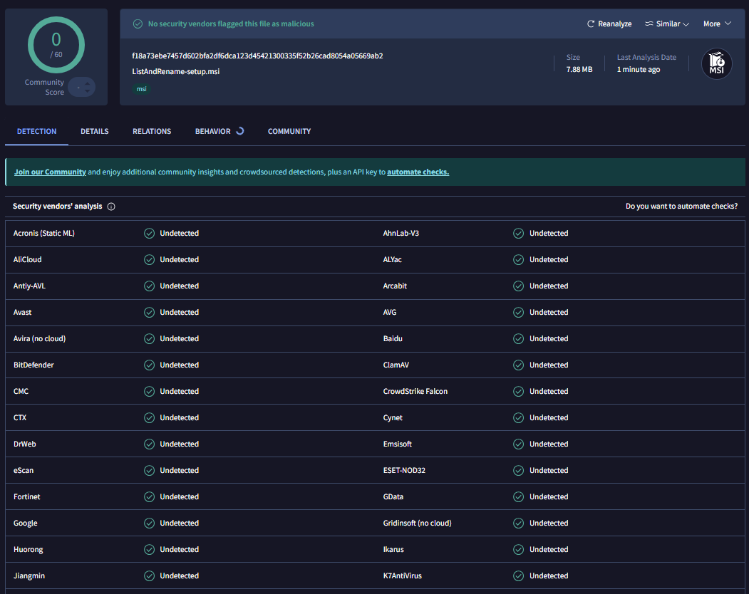 VirusTotal thumbnail showing 0/59 detections